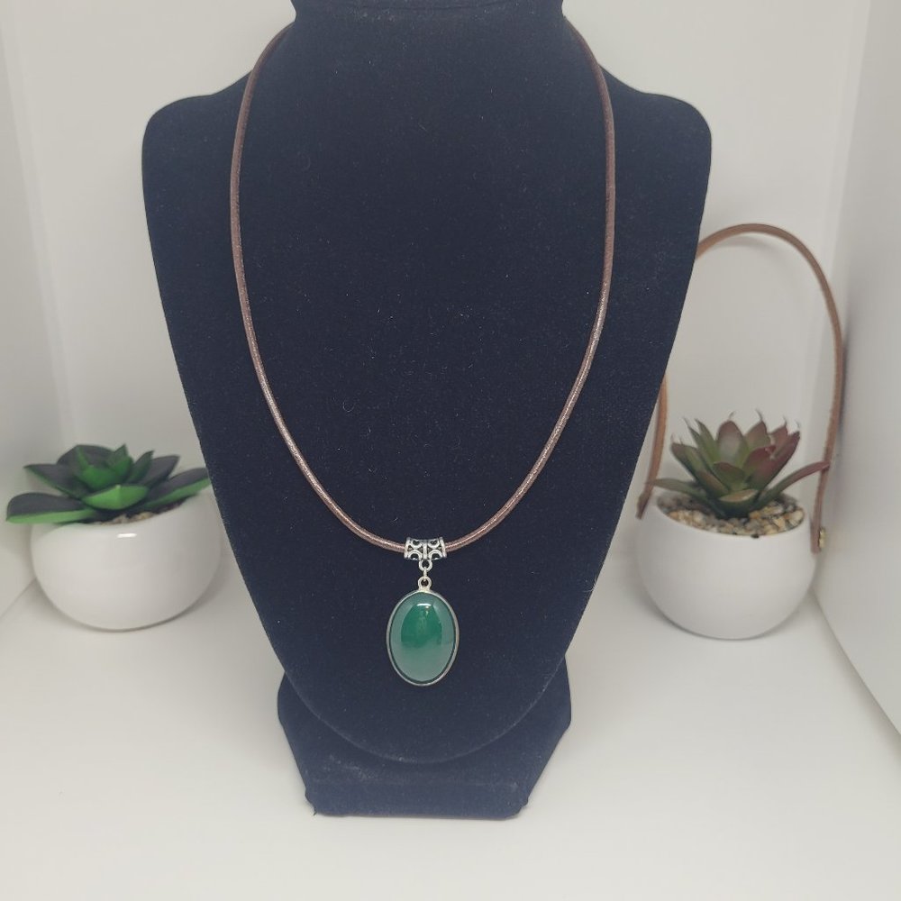 15" Distressed Leather Necklace with Emerald Green Pendant and toggle clasp